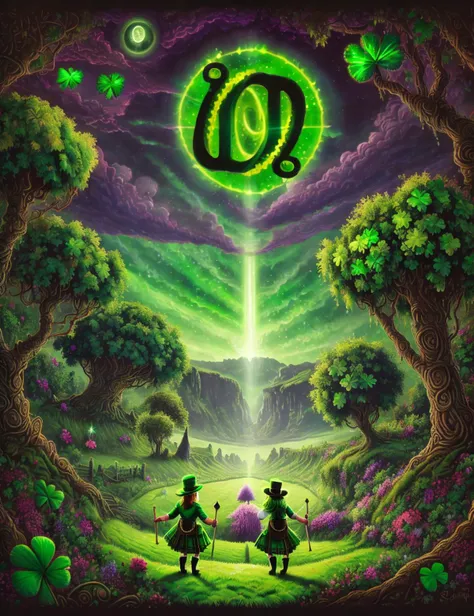 DonM7w1573dW0nd3rl4nd, , Photorealistic landscapes (Irish countryside), Lighthearted, Traditional Irish dress, Kilt, Shawl, Leprechaun figures, Shamrock (representing the Holy Trinity), , Green spotlights, <lora:DonM7w1573dW0nd3rl4nd-000008:1>