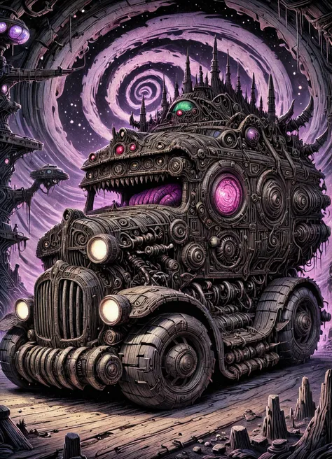 DonM7w1573dW0nd3rl4ndXL scifi colossal boring vehicle (total recall), obsidian, patterned, faux woodgrain, <lora:DonM7w1573dW0nd3rl4ndXL:1>