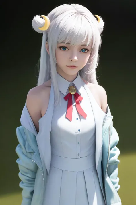 masterpiece, best quality, highres, 1girl, dia viekone, white hair, blue eyes, crescent hair ornament, collared dress, bare shoulders, white dress, open jacket, blue jacket <lora:dia_viekone_dataset4:1> (photorealistic:1.2)