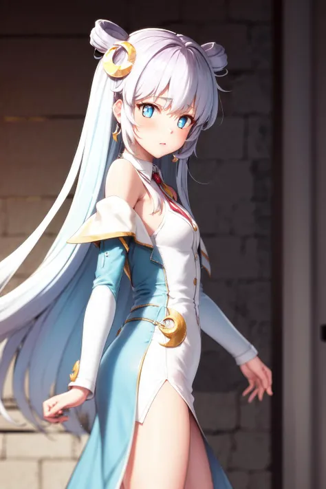 masterpiece, best quality, highres, 1girl, dia viekone, white hair, blue eyes, crescent hair ornament, collared dress, bare shoulders, white dress, open jacket, blue jacket <lora:dia_viekone_dataset4:1> photorealistic, from side