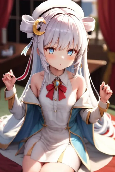 masterpiece, best quality, highres, 1girl, dia viekone, crescent hair ornament, collared dress, bare shoulders, white dress, open jacket, blue jacket <lora:dia_viekone_dataset4:1>