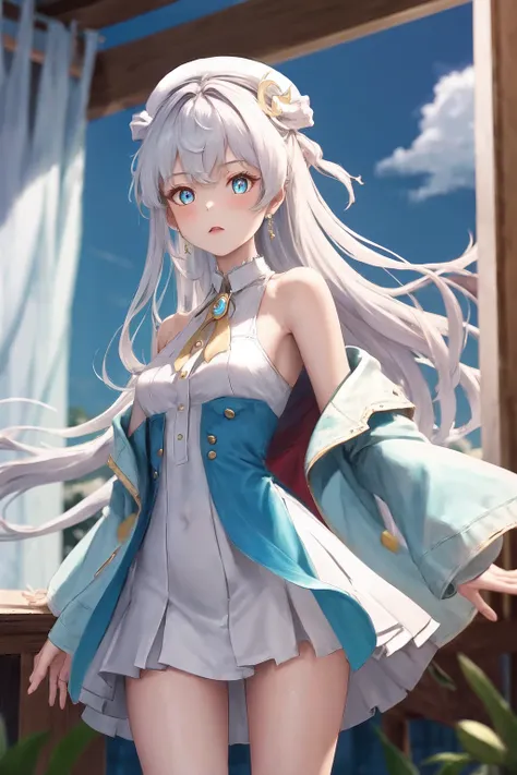 masterpiece, best quality, highres, 1girl, dia viekone, white hair, crescent hair ornament, collared dress, bare shoulders, white dress, open jacket, blue jacket <lora:dia_viekone_dataset4:1>