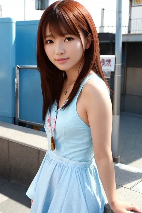 (skin blemish:1.2), (skindentation), black eye, 1woman, 25yo, (((woman))), solo, realistic, best quality, photorealistic, masterpiece, 8k, high res, solo, extremely detailed face, (professional lighting, bokeh), (light particles, lens flare, glowing particles:0.6), (dynamic pose:1.2), soft lighting, top angle view, fashionable and trendy atmosphere, japan, street, tokyo, basketball playground, ((daytime)), sky, ((looking at the viewer:1)), (looking at the camera),(portrait:0.6), cowboy shot, gorgeous, standing, keep original facial proportion, wide shoulder, full body, (small breast), (medium hair), brown hair, floating hair, lips, lipstick, seductive smile, floating hair, smile, open_mouth, teeth, flowery print summer dress, eyelashes, mole, (mole under eye:1), <lora:AV_saotomeR:0.8>