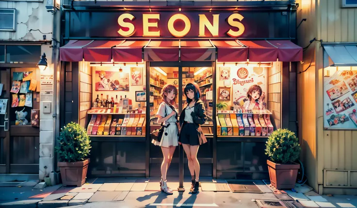 (full body:1.2)(masterpiece:1.4, best quality), ((((a photo of a front facing building EXTERIOR wall)))), view from 36 inches above ground, eye level view, straight shot, ((poster))(((flat facing wall with posters stuck on it))). posters of pretty anime girls, flat views of posters, pillar, vending machines, stickers, neon signs, vibrant colors, luminous signs, (anime colors:1.3), anime color, store signs, anime logos, lit, pretty girls <lora:japan stores:1>