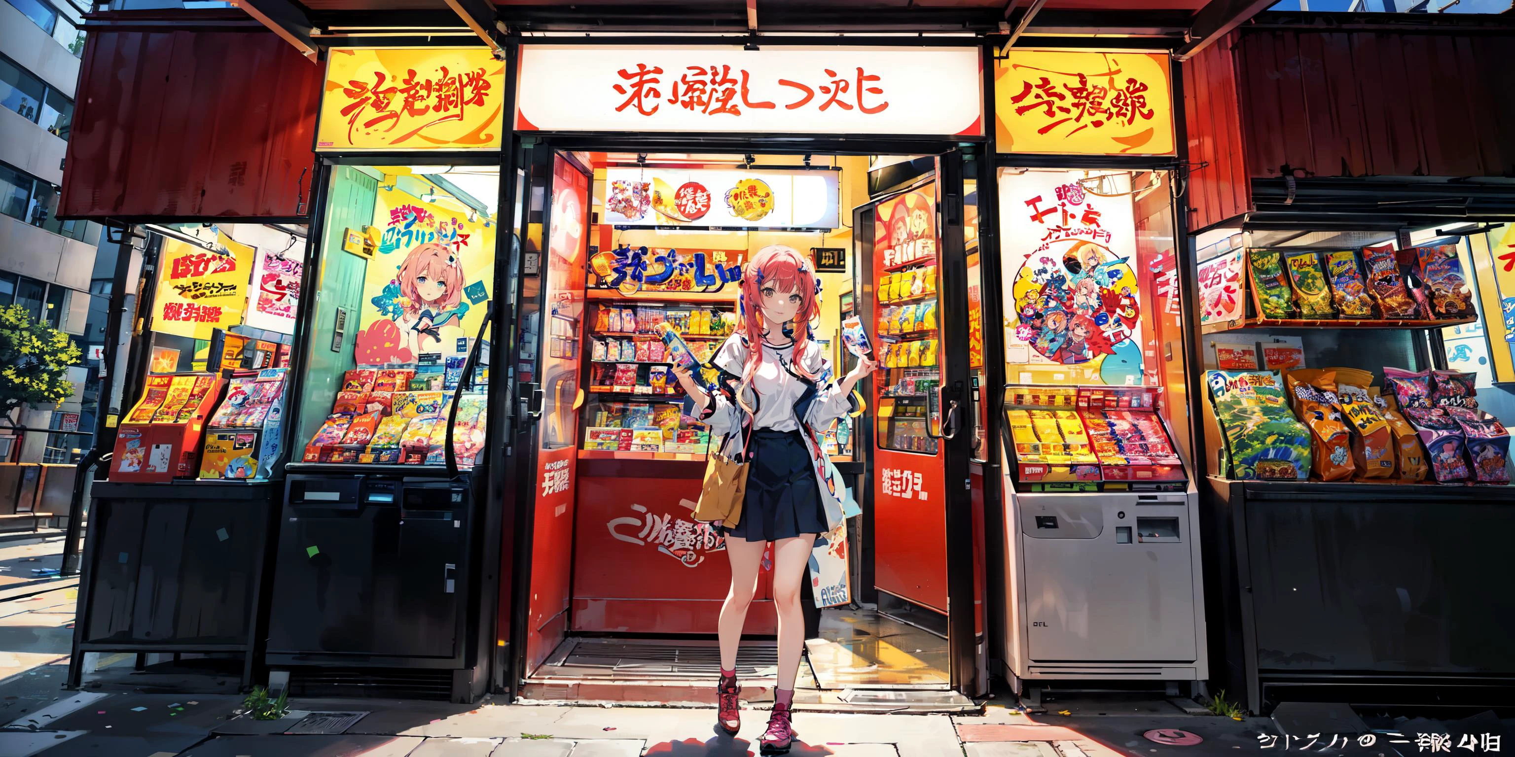 (full body:1.2)(masterpiece:1.4, best quality), ((((a photo of a front facing building EXTERIOR wall)))), view from 36 inches above ground, eye level view, straight shot, 1girl, asian girl, pink hair, twintails, brown eyes, large breasts, cute clothing, ((poster))(((flat facing wall with posters stuck on it))). posters of pretty anime girls, flat views of posters, posters of ruka inaba, pillar, vending machines, stickers, neon signs, vibrant colors, luminous signs, (anime colors:1.3), anime color, store signs, anime logos, lit, <lora:japan stores:1>
