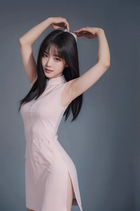 (medium shot), 1girl, (arms over head:1.4) smiling beautiful Japanese female nurse wearing fitted aqua nurse dress, beautiful detailed face, black hair, pale skin, realistic skin, detailed cloth texture, detailed hair texture, Perfect proportion, accurate, Anatomically correct, Highly detailed face and skin texture, modern hospital, photorealistic,dress