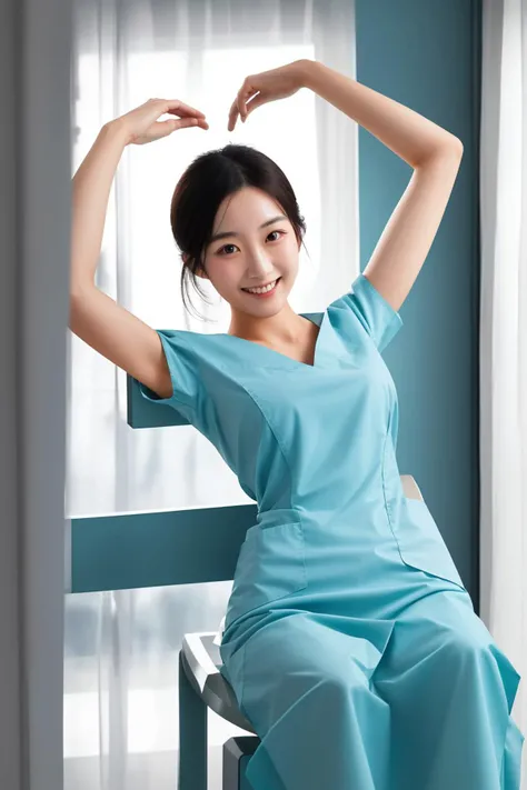 (medium full shot), 1girl, (hands over head:1.4), smiling beautiful Japanese female doctor wearing teal scrubs, beautiful detailed face, black hair, pale skin, fair skin, realistic skin, detailed cloth texture, detailed hair texture, Perfect proportion, accurate, Anatomically correct, Highly detailed face and skin texture, modern hospital room, photorealistic