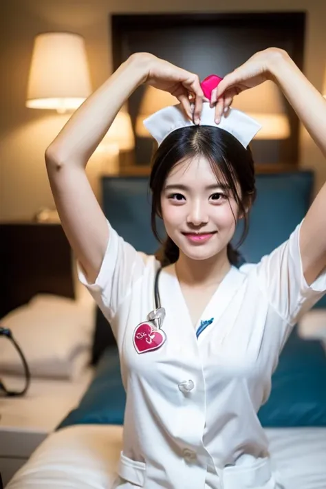 (full body shot), 1girl, (hands in shape of heart:1.4), smiling beautiful Japanese female nurse wearing fitted nurse dress, beautiful detailed face, standing, black hair, pale skin, realistic skin, detailed cloth texture, detailed hair texture, Perfect proportion, accurate, Anatomically correct, Highly detailed face and skin texture, modern hospital bed, photorealistic