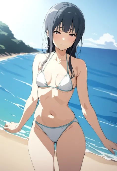 (masterpiece:2.0), (highest quality:2.0), (swim naked on the beach:1.5), (tiny white thong micro bikini:1.5), (super sexy pose:1.5), (look up from below:1.5), (fully exposed shoulders:1.5), (fully exposed nape:1.5), (face turns red:1.5), (cover one's chest with one's hands:1.5), (spill :1.5), (realistic:1.5), 1 very pretty girl, precise small needle, You look embarrassed when you look at me, light smile, innocent face, young face, clear eyes, shining eyes, small breasts, I can see the side boob, I can see your shoulders, I can see the cleavage, no pubic hair, dynamic posing, beautiful skin, Super fine, highest resolution, Japanese high school student, brown hair