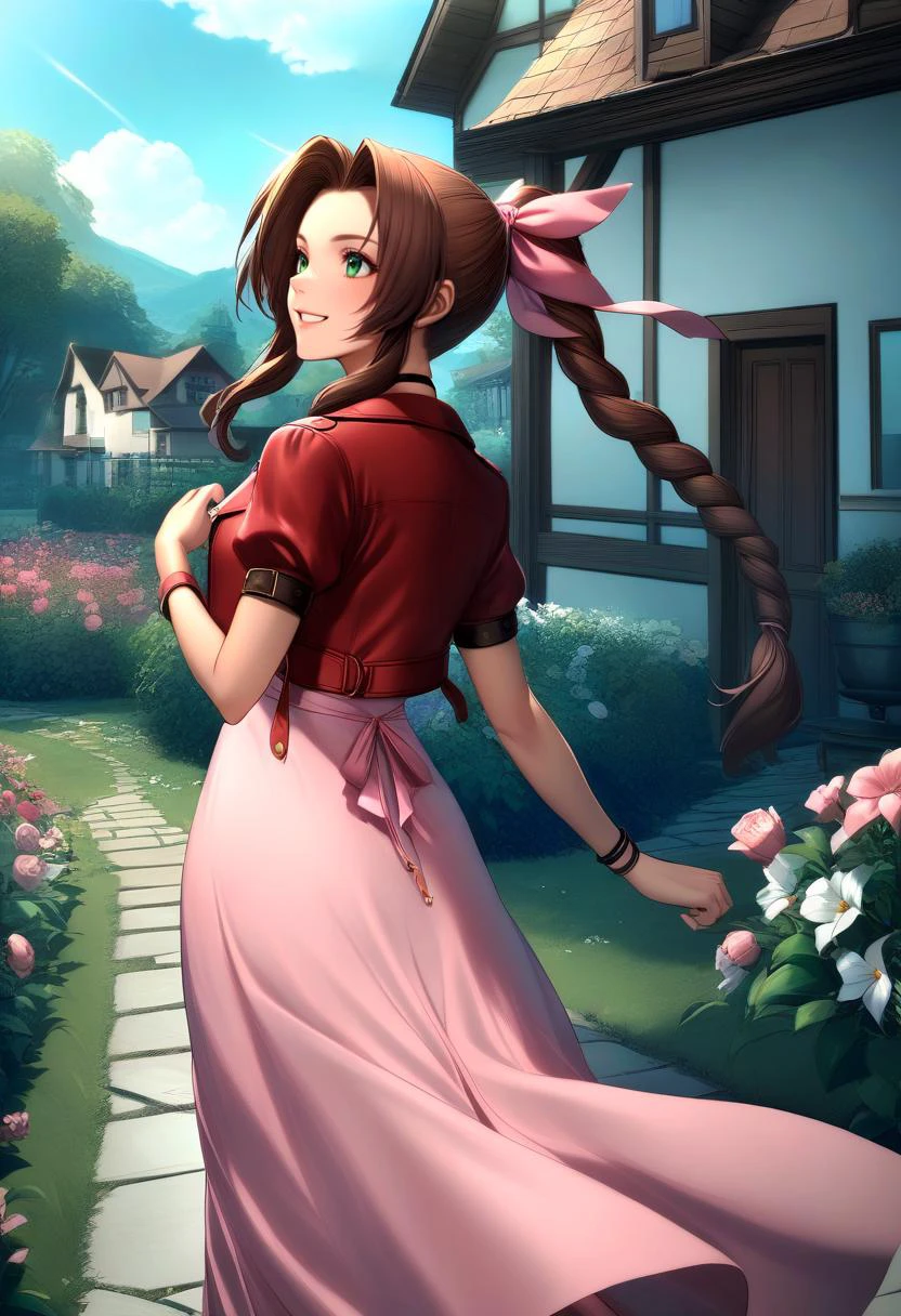 1girl <lora:TCVXL:1> <lora:aerith-xl-nvwls-v1:1> defaerith, braided ponytail, hair bow, pink bow, choker, necklace, cropped jacket, red jacket, short sleeves, pink dress, long dress, garden, house, path, blue sky, flowers, smile, walking away, looking back