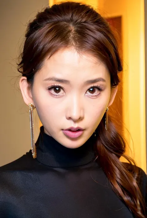 <lora:linzhiling3:0.95:lbw=1,0,0,0,1,1,0,0,1,1,1,1,1,1,1,1,1>linzhiling face,linzhiling body,
1girl, earrings, solo, blurry, lips, realistic, brown eyes, jewelry, looking at viewer, brown hair, portrait, pov, normal quality, parted lips, simple background, makeup, black background, expression,(^^^:1.5)