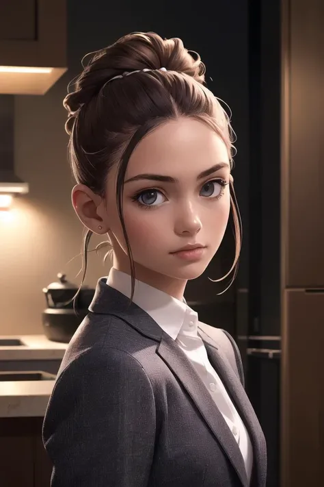 1girl, suspicious , wearing tailored , with Updo , background kitchen epic (photo, studio lighting, hard light, sony a7, 50 mm, matte skin, pores, colors, hyperdetailed, hyperrealistic), close up