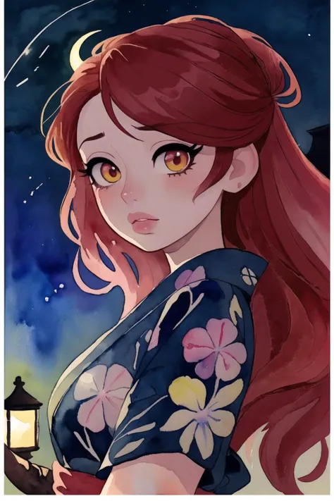 masterpiece,best quality,(watercolor \(medium\),iriscompiet :1.2),vividanime,1girl,solo,lips,Dark Red theme,looking at viewer,long hair,wind,eyelashes,moon,night sky,star \(sky\),fireflies,wearing yukata,<lora:VividAnimeV1.6:0.7>,<lora:IrisCompietStyle:0.7>,