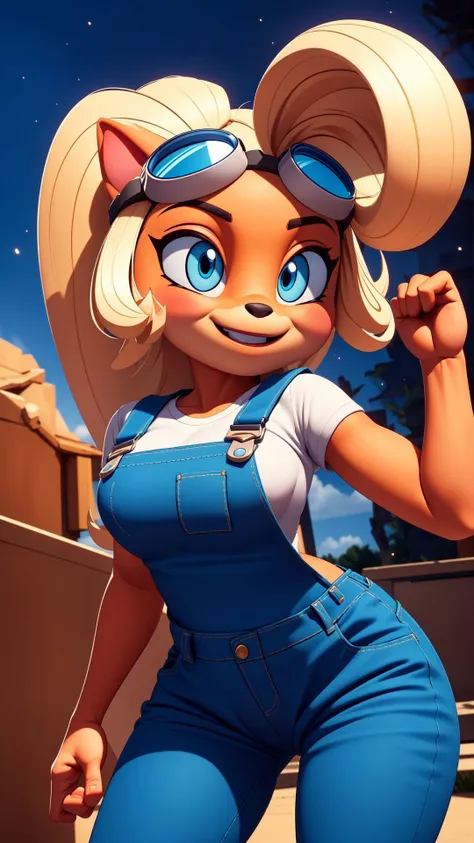 <lora:coco:0.8>,coco,furry,yellow fur,breasts,long hair,looking at viewer,blush,goggles on head,smile,overalls,body fur,two-tone fur,(masterpiece:1.2),(best quality),(ultra detailed),(8k, 4k, intricate),(full-body-shot:1),(Cowboy-shot:1.2),(85mm),light particles,lighting,(highly detailed:1.2),(detailed face:1.2),(gradients),colorful,(detailed background),detailed landscape,(dynamic angle:1.2),(dynamic pose:1.2),(rule of third_composition:1.3),(Line of action:1.2),