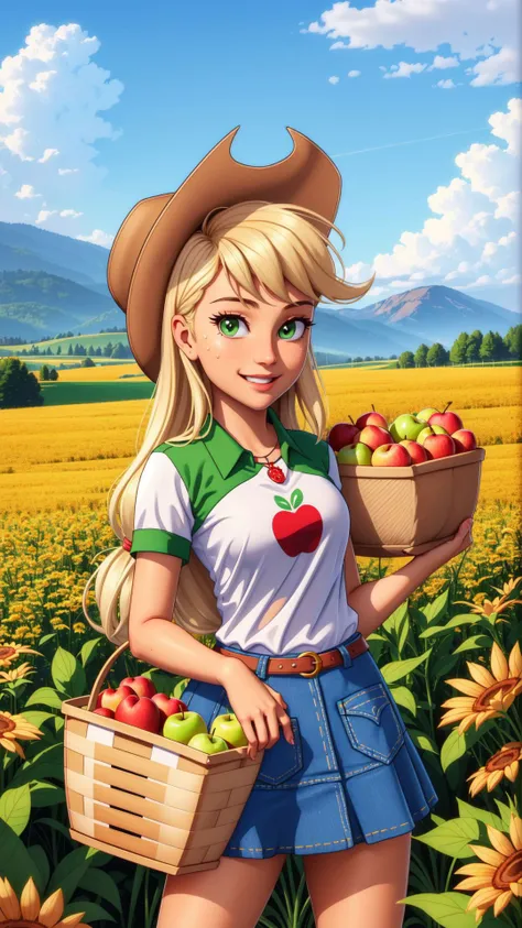 (masterpiece, best quality:1.2),cowboy shot,solo,1girl,mlpapplejack,smile,looking at viewer,low-tied long hair,cowboy hat,shirt,denim skirt,belt,wheat field,<lora:mlp_applejack-10:1>,sweat,holding a basket of apples,