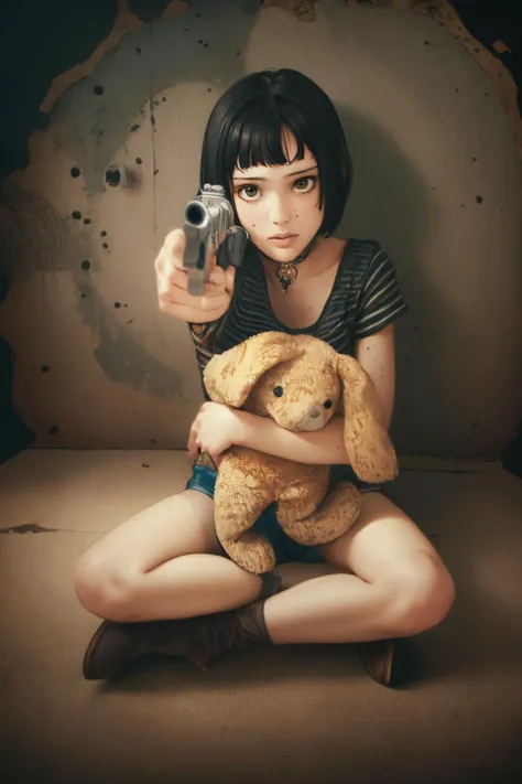 a girl (wearing long shorts:1.3) (pointing a gun at viewer:1.1) and a stuffed animal in her lap, (sitting on the floor with her legs crossed:1.1), Alice Prin, grunge aesthetic, poster art SkinHairDetail Style-DoF  <lora:ip-adapter-faceid-plusv2_sd15_lora:1>, subsurface scattering, ultra hd, 4k, high def, Photorealistic, Hyperrealistic, Hyper detailed, analog style, realistic, masterpiece, best quality, ultra realistic, 8k, Intricate, High Detail, film photography, soft lighting,  heavy shadow