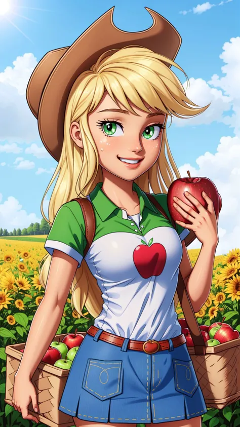 (masterpiece, best quality:1.2),cowboy shot,solo,1girl,mlpapplejack,smile,looking at viewer,low-tied long hair,cowboy hat,shirt,denim skirt,belt,wheat field,<lora:mlp_applejack-10:1>,sweat,holding a basket of apples,