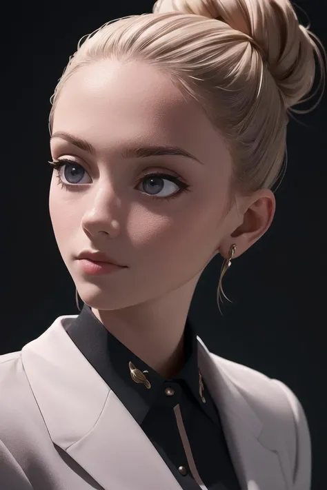 1girl, suspicious , wearing tailored , with Updo , background kitchen epic (photo, studio lighting, hard light, sony a7, 50 mm, matte skin, pores, colors, hyperdetailed, hyperrealistic), close up