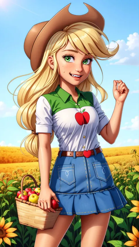 (masterpiece, best quality:1.2),cowboy shot,solo,1girl,mlpapplejack,smile,looking at viewer,low-tied long hair,cowboy hat,shirt,denim skirt,belt,wheat field,<lora:mlp_applejack-10:1>,sweat,holding a basket of apples,