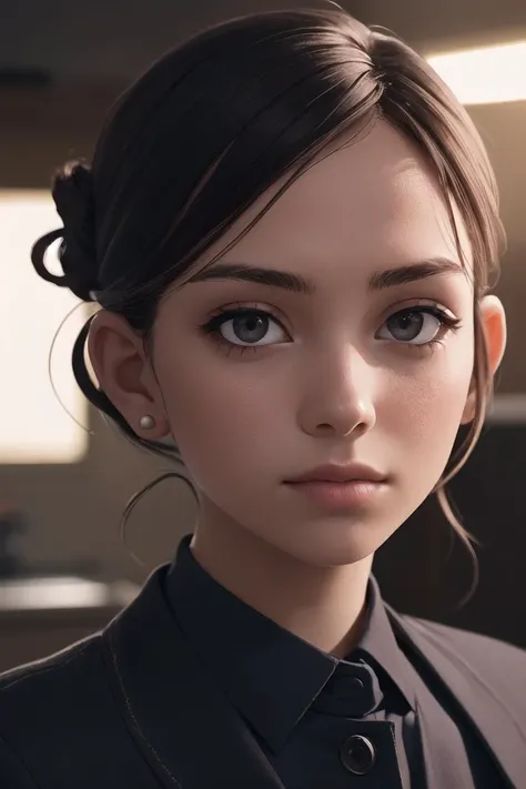 1girl, suspicious , wearing tailored , with Updo , background kitchen epic (photo, studio lighting, hard light, sony a7, 50 mm, matte skin, pores, colors, hyperdetailed, hyperrealistic), close up