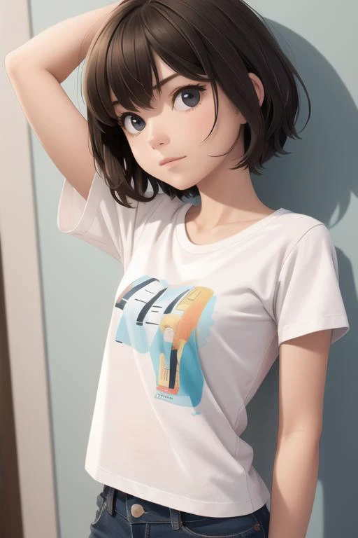 "(A perfect masterpiece:1.2), (Highest quality:1.2), A stunning face,  Mature and fat, Big eyes, Compensate, Long and luxurious eyelashes, Lip, Irresistible charisma.",belly button,(((A girl who looks like a boy))),(((Very short hair))),腹logic,Raised arms,Browsing Caution,(((logic)))，Sports pants，Sportswear，Hair Clip，training，Sweat，yoga，wallpaper，White T-shirt，Small breasts，Pixie Cut