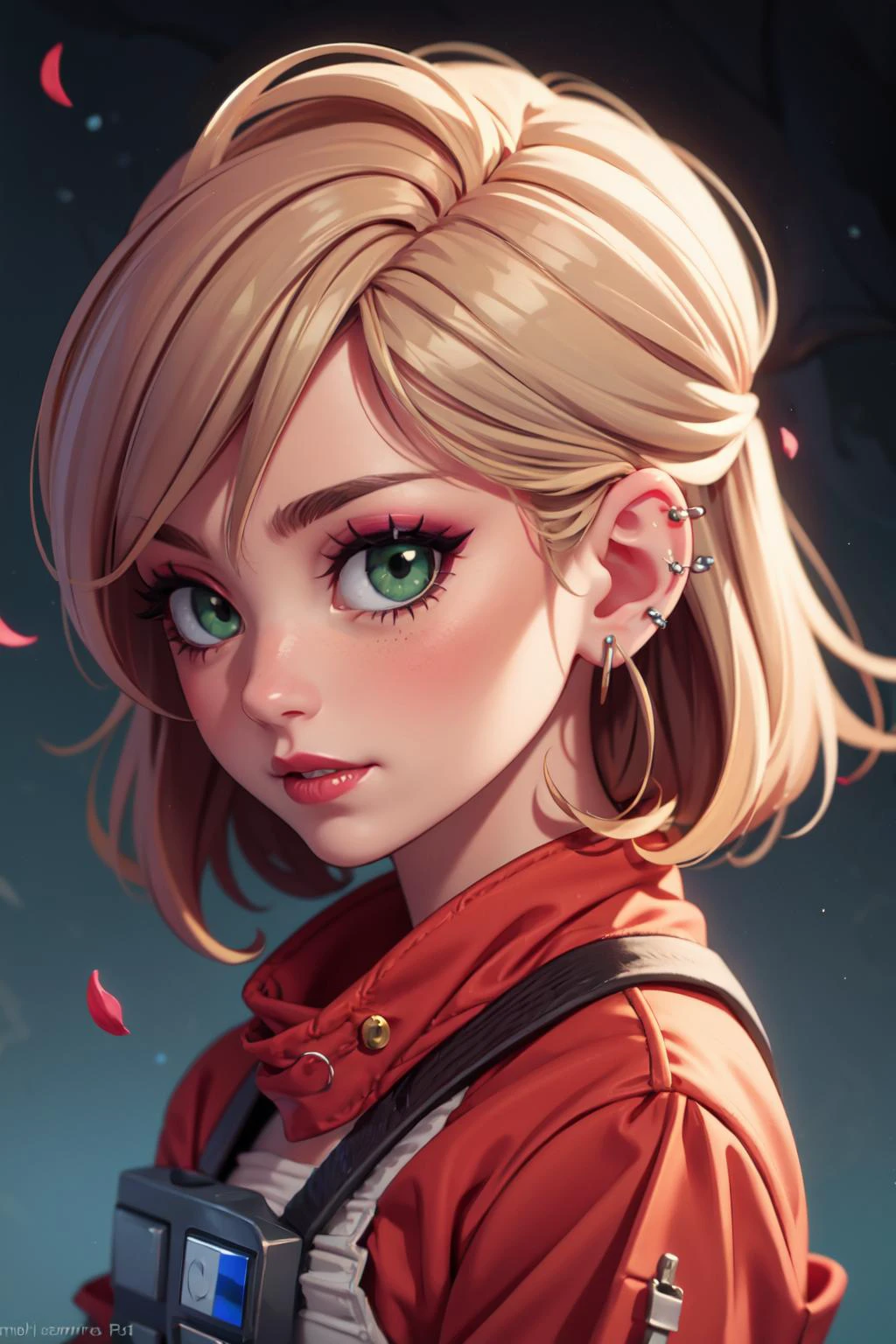 in rebel pilot suit,DigiArt Style, 1girl, solo, from side, looking at viewer, long hair, monochrome, greyscale, earrings, red lips, BREAK, deep green eyes, petals, eyelashes, makeup, watermark, piercing, ear piercing, portrait<lora:RPSV3:0.8>