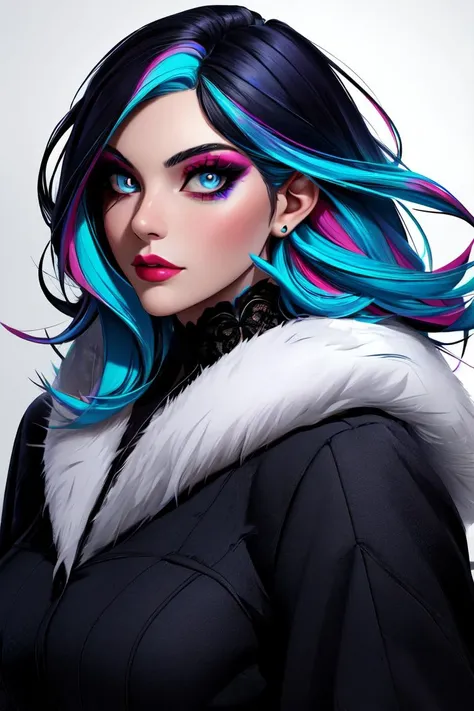 beautiful woman, ([shag], [fur-trimmed dress]), realistic, colorful makeup,,,