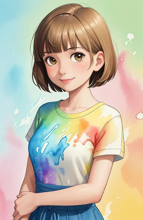 (masterpiece, best quality, absurdres:1.2), a woman with straight short hair with bangs, upper body, slight smile, colorful watercolor background made of paint splashes, by Hideaki Anno