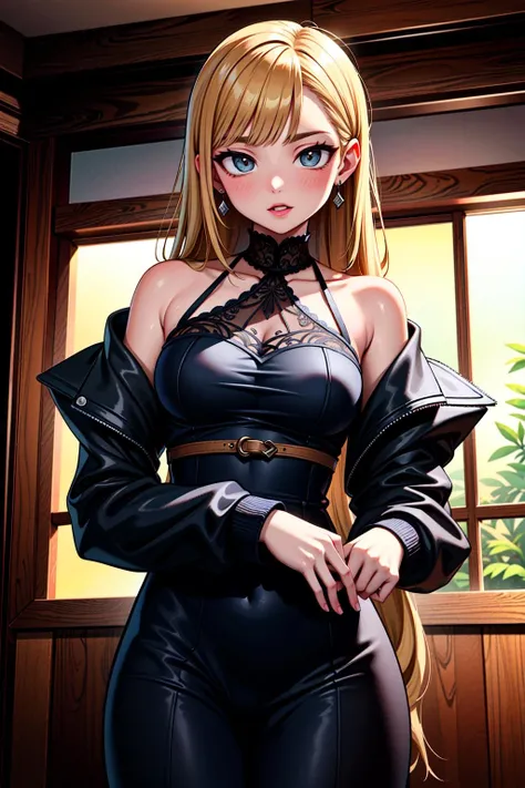 (Blonde stunning hair), (blue eyes), blue necklace, Golden earrings, Fit, Gorgeous Body, gorgeous, brown eyebrows, (two moles over lip), big pupils, (23 years old), 1girl,solo, complex skin, warm light, (large breasts), wide thighs, round butt, 5 fingers, ((blushing)), ((detailed face, best quality)), (masterpiece)), ((ultra-detailed)), (beautiful detailed eyes),depth of field, female focus, looking at viewer, (coat_on_shoulders)!!, blush, closed mouth, peach lips, seductive smile, detached sleeves, earrings, fingernails, (golden hair pin ornament)!!!, (wear jacket coat)!!!, detailed realistic coat, jewelry, yellow gemstone, detailed jewelry, neck garter, necklace, (covered chest)!!, (Coat_on_breast)!!, open skirt, slim legs, petticoat, fishnet legs, pantyhose, smooth thighs cleavage, garter thighs, detailed eyes, (sharp eyes)!!, (exposed eyes)!!, cherry blossom, window, There are birds in the sky, There are butterflies, Snowy mountain in the background of windows, The sky is blue, river outside the room, (correct anatomically)!!, full body
