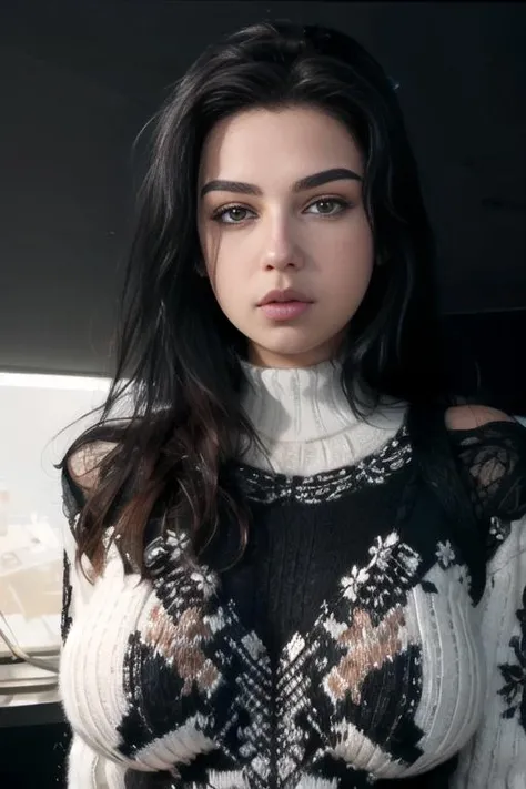 (8k, masterpiece, best quality, solo, sfw), ((Evgenia Talanina)), portrait, (white thick knit sweater, turtleneck), looking at camera, eyelines, eyeshadows, long black hair, simple dark background, <lora:Evgenia_Talanina:0.95>, huge breasts