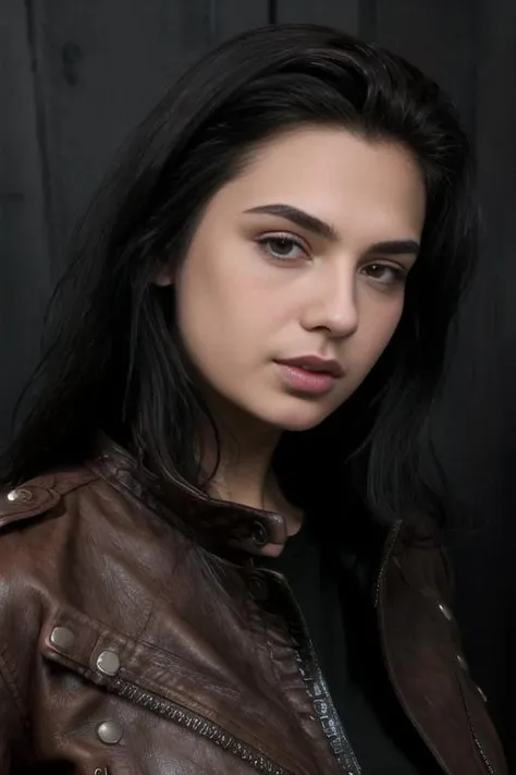 (8k, masterpiece, best quality, solo, sfw), ((Evgenia Talanina)), portrait, (leather jacket), looking at camera, eyelines, eyeshadows, smile, long black hair, simple dark background, <lora:Evgenia_Talanina:0.95>, huge breasts