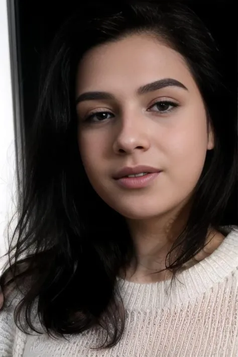 (8k, masterpiece, best quality, solo, sfw), ((Evgenia Talanina)), portrait, (white thick knit sweater), looking at camera, eyelines, eyeshadows, smile, long black hair, simple dark background, <lora:Evgenia_Talanina:0.95>, huge breasts