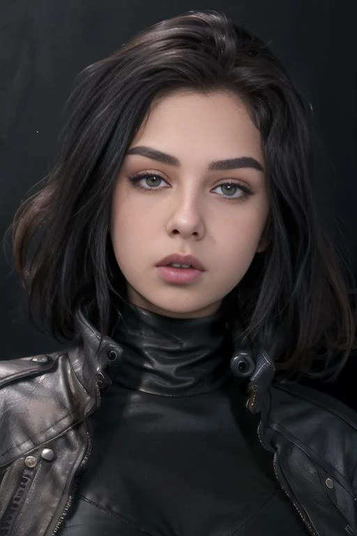 (8k, masterpiece, best quality, solo, sfw), ((Evgenia Talanina)), portrait, (leather jacket, turtleneck), looking at camera, eyelines, eyeshadows, long black hair, simple dark background, <lora:Evgenia_Talanina:0.95>, huge breasts
