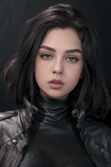 (8k, masterpiece, best quality, solo, sfw), ((Evgenia Talanina)), portrait, (leather jacket, turtleneck), looking at camera, eyelines, eyeshadows, long black hair, simple dark background, <lora:Evgenia_Talanina:0.95>, huge breasts