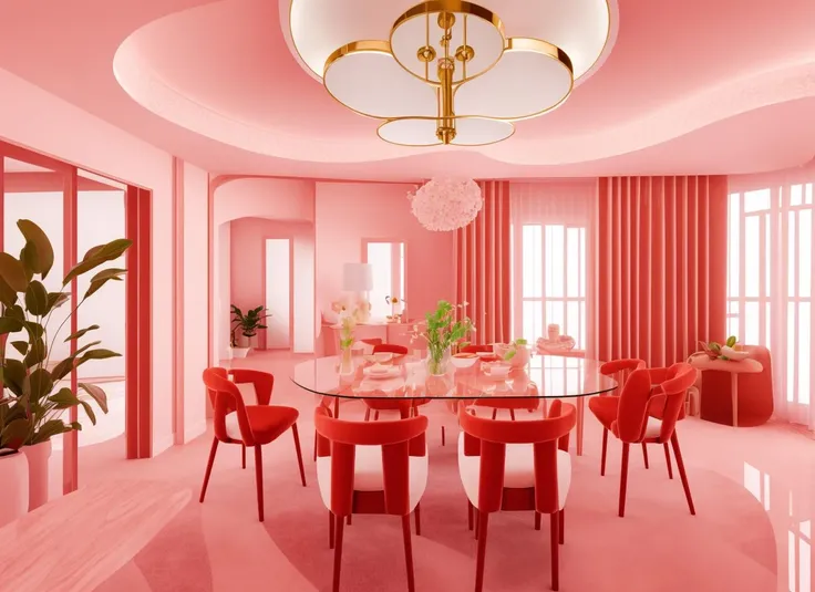 dining room,no humans, vase, scenery, table, chair, flower, window, plant, indoors, lamp,door, ceiling light(masterpiece),(high quality), best quality, real,(realistic), super detailed, (full detail),(4k),8k <lora:XSArchi_141:1>