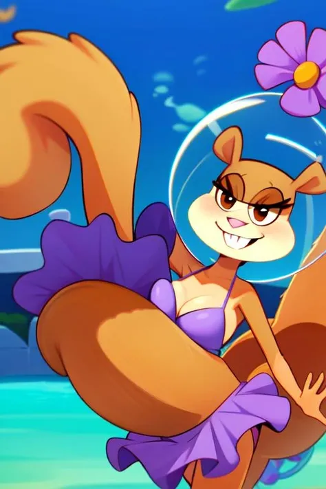 (<lora:sandy-10:1> sandy cheeks, brown fur, dot eyes, pink flower, violet bikini, violet miniskirt, smiling, diving helmet, overbite, flower on helmet)