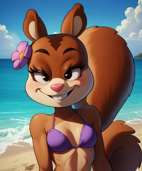 sandy,squirrel ears, squirrel tail black eyes,brown fur, buck teeth, animal nose, pink flower on head,
purple bikini, small skirt,
toned, smiling, upper body, cowboy shot,
cartoon, beach,
(insanely detailed, beautiful detailed face, masterpiece, best quality) cinematic lighting,
<lora:sandy:0.7>
