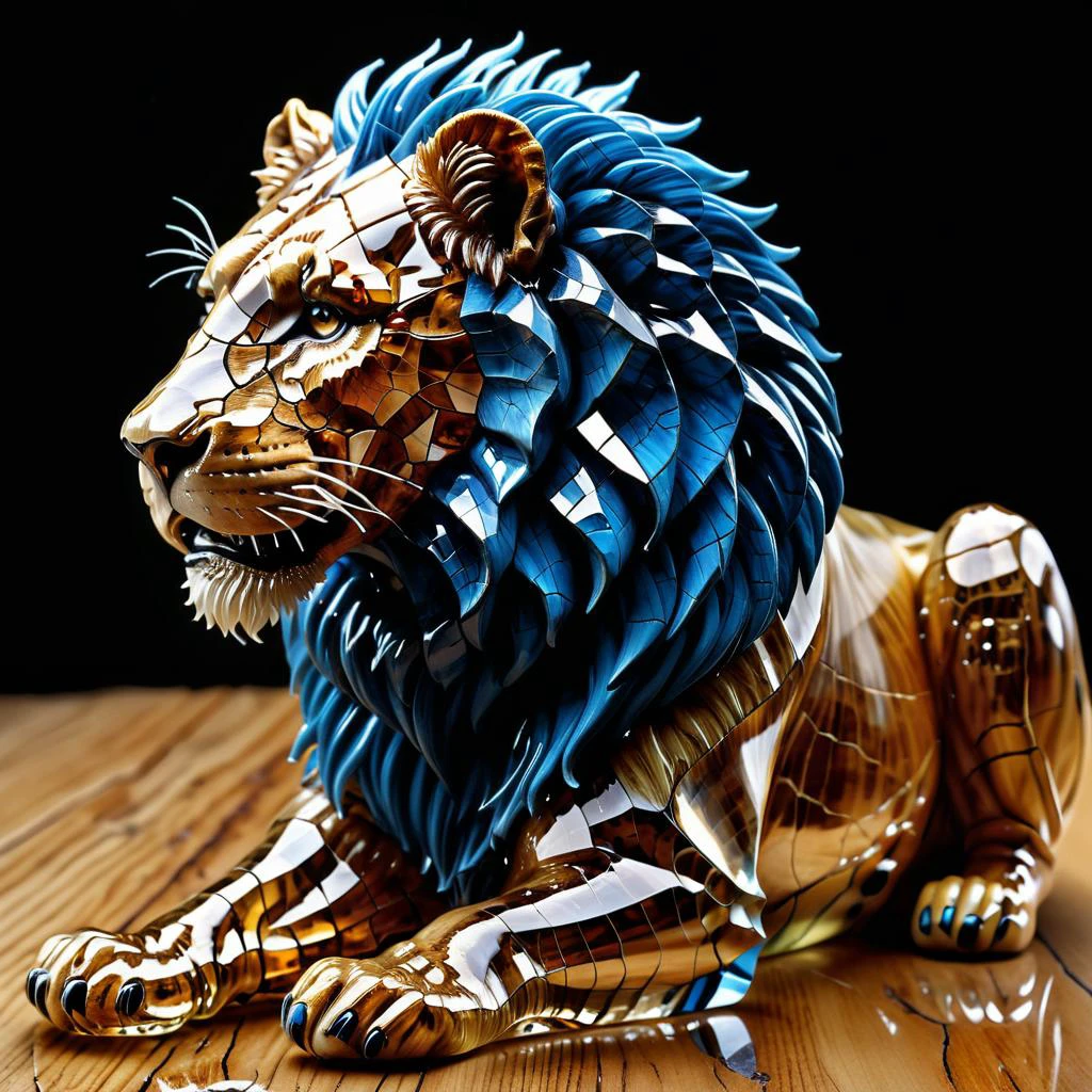 translucent lion figurine made out of crystal and glass with shattered surface, hyperdetailed, hyperrealistic, photorealistic painting by Albrecht Dürer and Marc Allante krawcked_skn <lora:krawcked_skn:0.95>