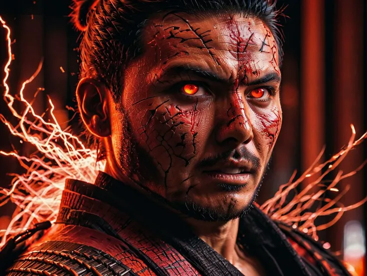 glowneon, krawcked_skn,glowing samurai emitting sparks and electricity, dark red and orange, glowing eyes, cinematic film still <lora:krawcked_skn:0.82> <lora:glowneon_xl_v1:0.9> <lora:add-detail-xl:0.8>