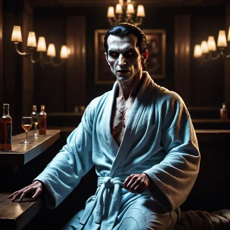 complex illustration of stunning vampire in bathrobe sitting in a dark bar room, depth of field, glowing eyes, uncanny, sexy, krawcked_skn <lora:krawcked_skn:0.82>
