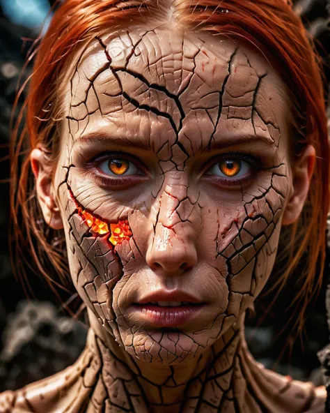 cinematic photography,(full body portrait of a beautiful woman with cracked skin:1.1), (skin with deep fine cracks filled with glowing lava:1.3), soft focus, full body editorial shot, depth of field, uncanny, stunning perfect shining eyes, pale skin, intricate hyperdetailed, amazing depth, expansive details, long red hair, complex masterwork by head of prompt engineering ,krawcked_skn <lora:krawcked_skn:0.7>
