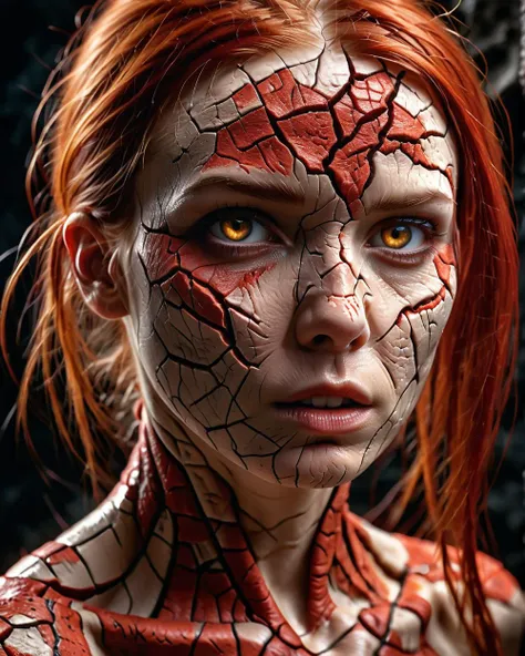 cinematic photography,(full body portrait of a beautiful woman with cracked skin:1.1), (skin with deep fine cracks filled with glowing lava:1.3), soft focus, full body editorial shot, depth of field, uncanny, stunning perfect shining eyes, pale skin, intricate hyperdetailed, amazing depth, expansive details, long red hair, complex masterwork by head of prompt engineering ,krawcked_skn <lora:krawcked_skn:0.7>