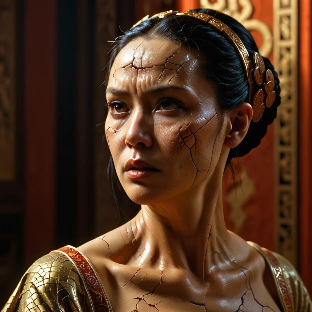portrait half body godlike concubine, mysterious atmosphere,dull side light, mixed styles by Donato Giancola and Teis Albers and Marc Allante,cinematic masterwork by head of prompt engineering, krawcked_skn <lora:krawcked_skn:0.7>