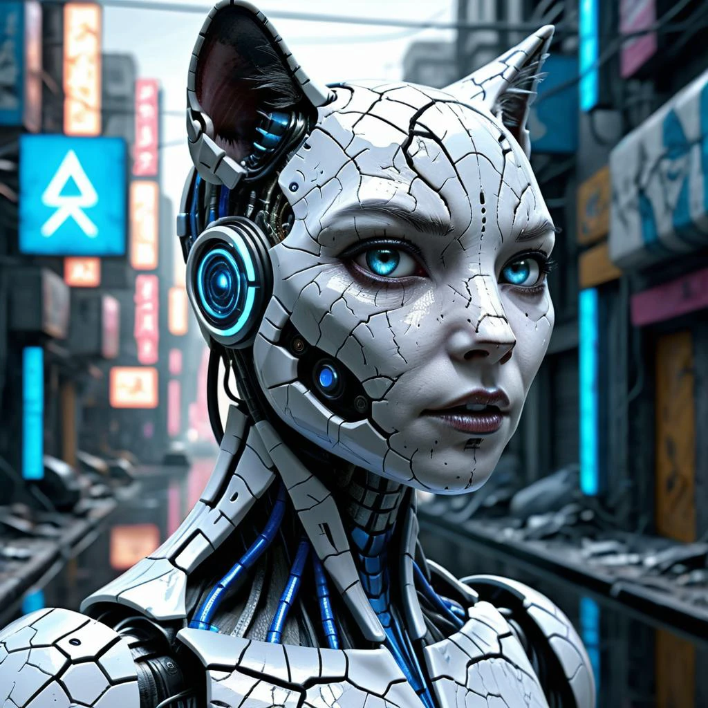 complex render ultra detailed of a beautiful porcelain cracked android kitty humanoid cyborg in (cyberpunk style:1.6) in wet dystopian urban cyberpunk street,robotic parts,mysterious ground fog,150mm,beautiful studio soft light,rim neon light,vibrant details,luxurious cyberpunk,hyperrealistic,anatomical,cable electric wires,microchip,octane render,iridescent silver and blue,grim masterwork by head of prompt engineering,<lora:add-detail-xl:1> krawcked_skn <lora:krawcked_skn:0.7>