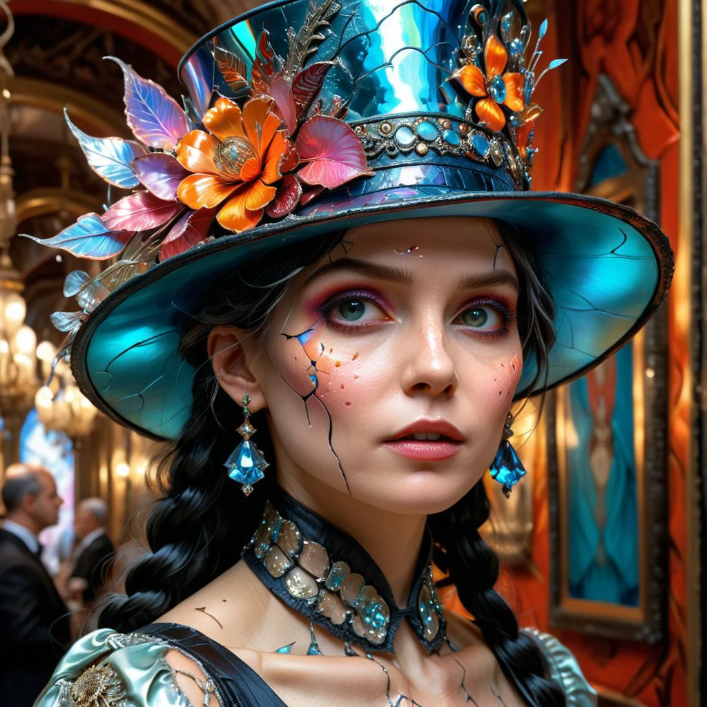 insanely detailed maximalist hat on a beautiful lady, iridescent, fantastical, intricate, Mad Hatter, scenic,hyperdetailed, Royo, Bagshaw, Chevrier, Kaluta, glowing edges, beautiful exploding vivid colors, mucha, cinematic, WLOP, impressive masterpiece by head of prompt engineering, <lora:xl_more_art-full_v1:0.5> <lora:add-detail-xl:1> krawcked_skn <lora:krawcked_skn:0.7>
