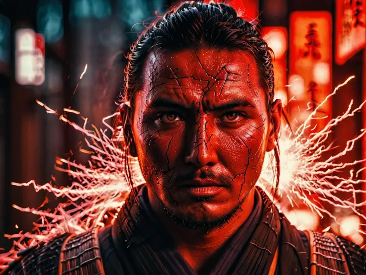 glowneon, krawcked_skn,glowing samurai emitting sparks and electricity, dark red and orange, glowing eyes, cinematic film still <lora:krawcked_skn:0.82> <lora:glowneon_xl_v1:0.9> <lora:add-detail-xl:0.8>