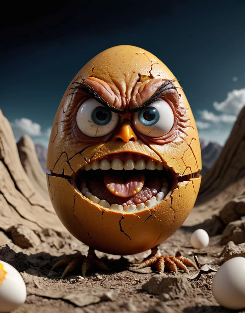 angry egg killing the viewer with his eyes,epic, cinematic, brilliant, grim but funny, intricate meticulously detailed, sharp focus, digital matte painting, fantastical , hyperrealistic masterwork by head of prompt engineering, krawcked_skn <lora:krawcked_skn:0.7>
