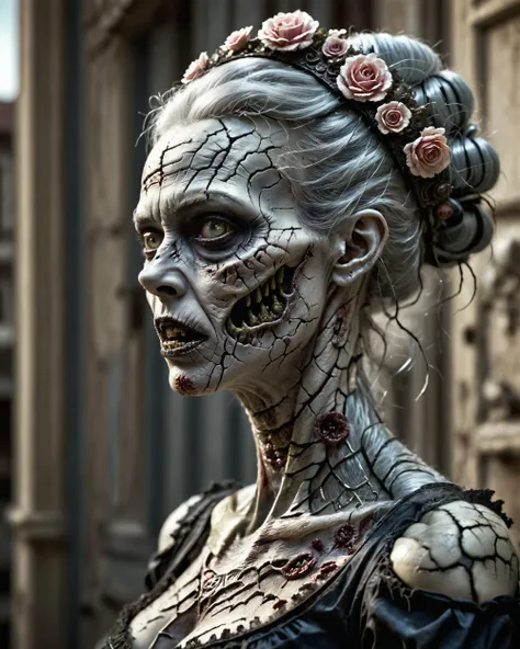 zombie rococo lady, wonderful post-apocalypse scenery, uncanny atmosphere, dull side light, hyperdetailed, krawcked_skn <lora:krawcked_skn:0.7>