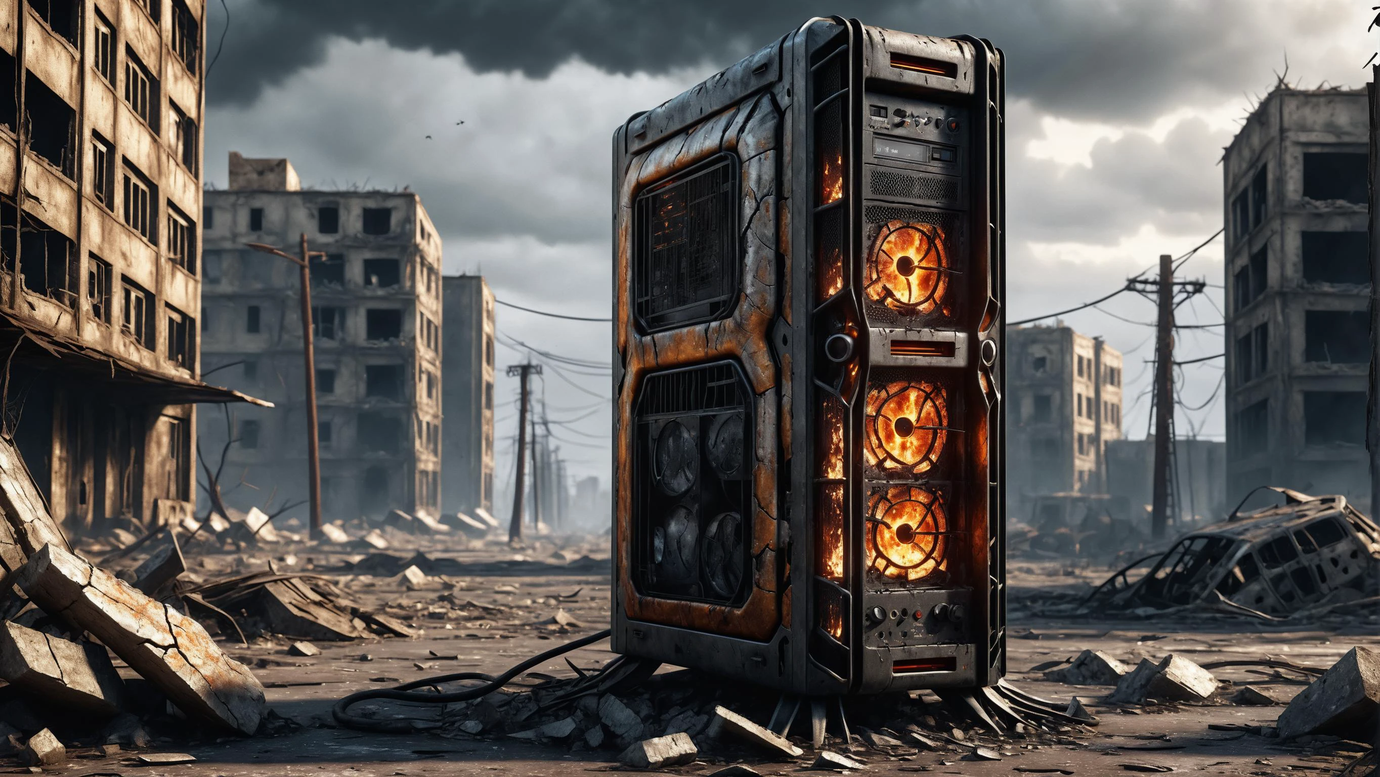 overheated burning PC Tower in post-apocalypse scenery, uncanny atmosphere, dull side light, glowing cracks, hyperdetailed, clever advertisement, krawcked_skn <lora:krawcked_skn:0.7>