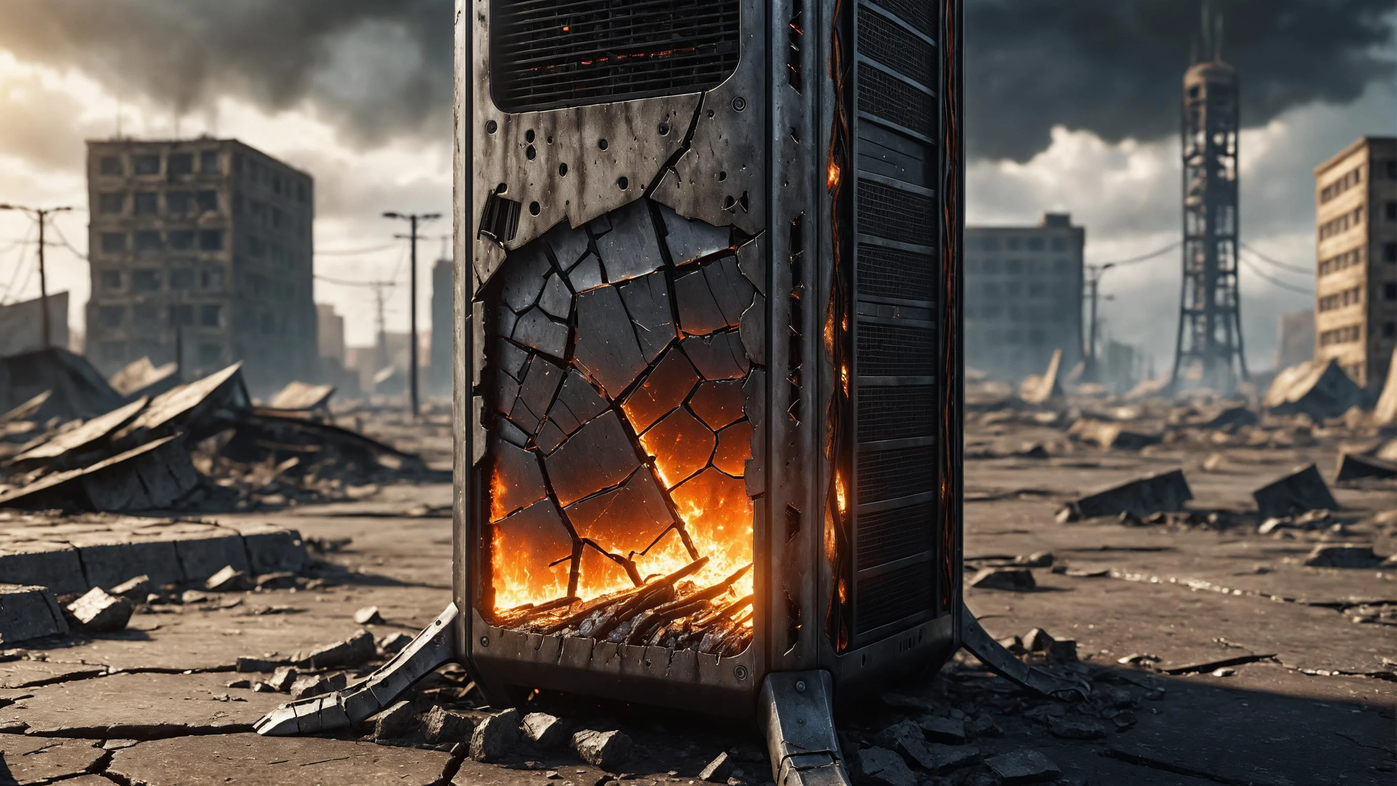 overheated burning PC Tower in post-apocalypse scenery, uncanny atmosphere, dull side light, glowing cracks, hyperdetailed, clever advertisement, krawcked_skn <lora:krawcked_skn:0.75>
